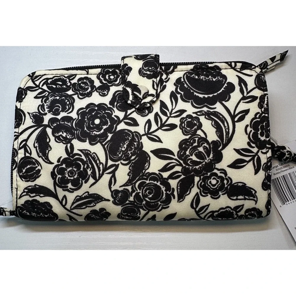 NWT Vera Bradley Large Tab Nylon Wallet Bubbly Flowers Black Pattern MSRP $95.00